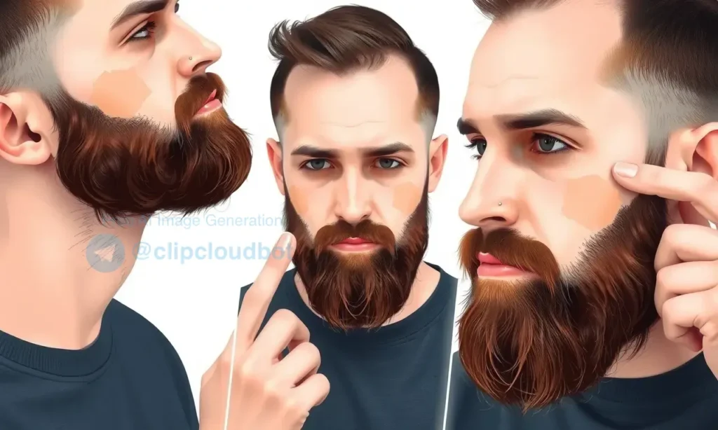 A man with a beard growing in uneven patches and clumps, showing different stages of patchy beard growth, with a dermatologist or barber pointing out areas to fix, clear and detailed illustration