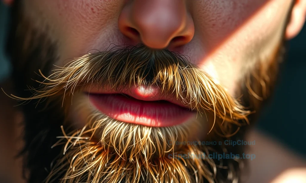 A close-up of a man's beard with visible lightening of facial hair on sun-exposed areas, showing subtle golden and lighter strands contrasting with darker natural pigment, soft sunlight casting gentle highlights, realistic skin texture, no text or symbols
