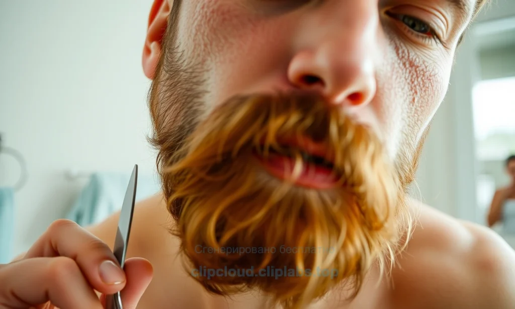 A close-up of a man's face in the morning, showing a slightly disheveled beard after sleep. The beard appears unkempt with strands hanging loosely, and the man is holding a grooming tool like a beard comb or scissors, indicating the act of tidying it up. The background is a simple, softly lit bathroom or bedroom setting, with a subtle hint of a mirror or a towel. The image conveys a relaxed, everyday moment of personal care, with natural lighting and a warm, inviting color palette.