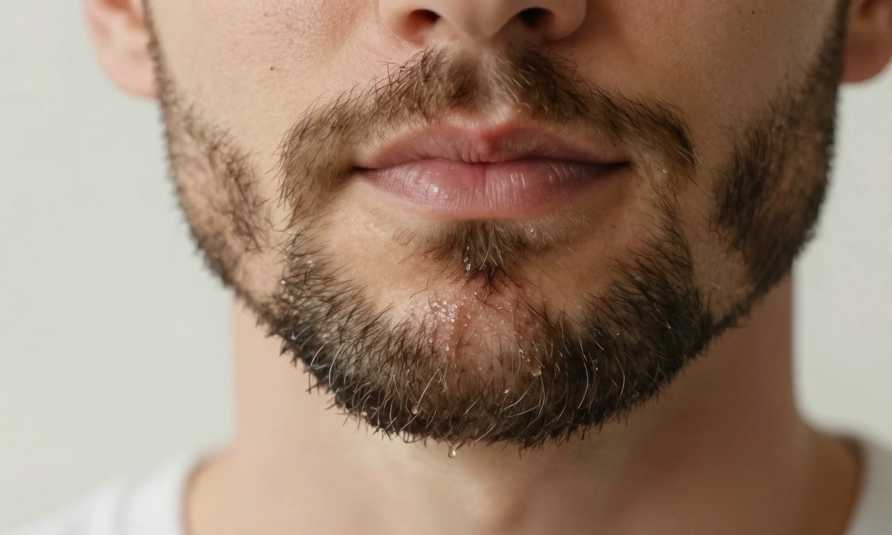 A close-up of a well-groomed man's beard with natural oil droplets glistening on the facial hair, soft morning light, skin underneath visible and healthy, no redness or irritation, realistic texture, shallow depth of field, neutral background