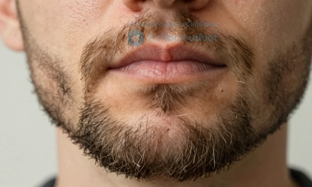 A close-up of a man's beard showing signs of brittleness and dullness: dry, split, and coarse facial hair strands with visible damage, set against a soft neutral background to emphasize texture and condition, realistic lighting highlighting the lack of shine and fragility