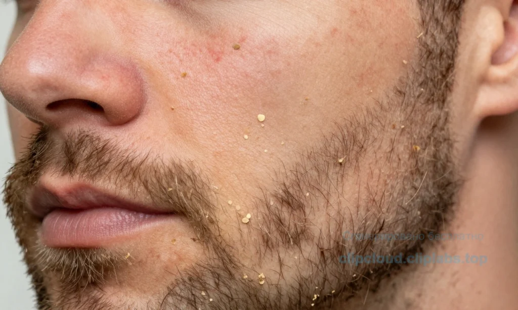 A close-up of a man's face and beard showing visible dandruff flakes on facial skin and within the beard hair, with natural skin texture, subtle redness, and dry patches, soft natural lighting, realistic skin detail, no makeup or artificial enhancements