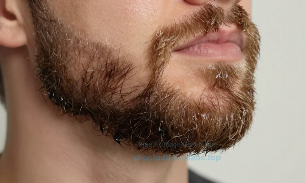 A close-up of a man's beard with oily, shiny roots and dry, brittle ends, showing a clear contrast between the greasy base near the skin and the frizzy, split ends, isolated on a neutral background, soft natural lighting, high detail, realistic skin and hair texture