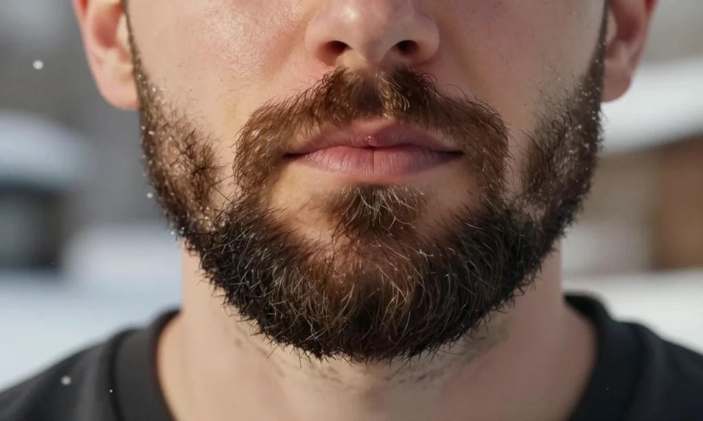 A close-up of a well-groomed beard with healthy, moisturized facial hair, showing subtle texture and natural shine, set against a soft winter background with faint snowflakes in the air, warm indoor lighting highlighting the beard’s condition, no visible skin irritation or flaking, realistic skin and hair detail, cinematic lighting, high resolution