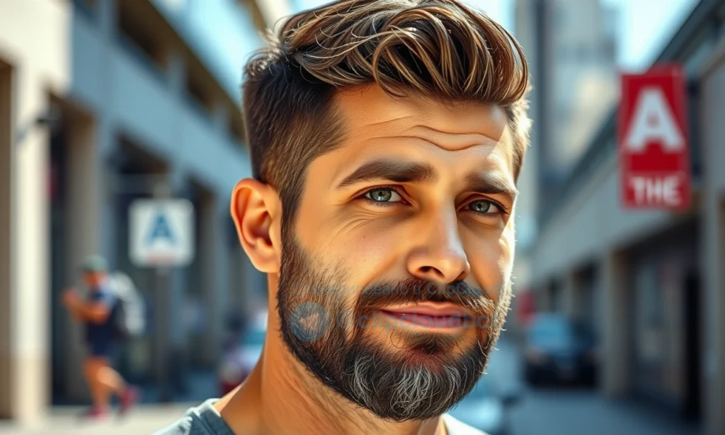 A confident man with a thick, well-groomed beard standing in natural daylight, his face showing oily skin texture subtly visible under soft lighting, no shine or greasiness exaggerated, modern urban background with blurred city elements, focus on facial hair density and skin health, realistic portrait style, high detail, no text, no symbols, no watermarks