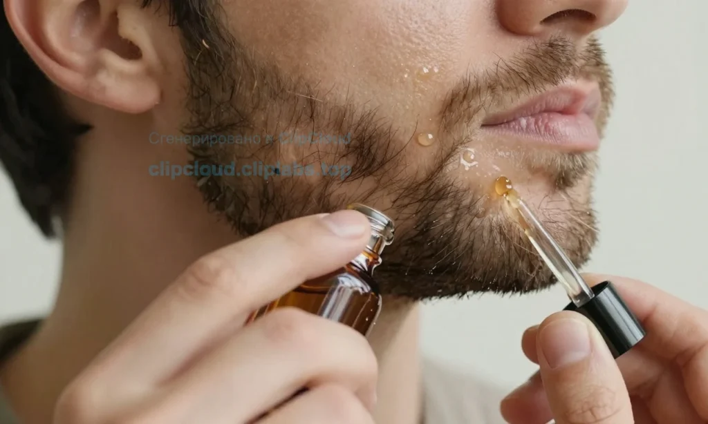 A close-up of a man's hands applying beard oil to a well-groomed beard, with droplets of oil glistening on the facial hair, a small glass bottle of beard oil with a dropper nearby, natural soft lighting, focus on texture and care, no text or labels visible