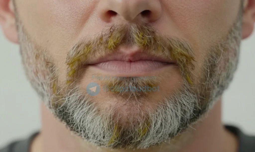 A close-up of a man's face with a natural gray beard showing subtle yellowish discoloration, soft lighting, realistic skin texture, no artificial coloring or dye visible, focus on beard strands with slight yellow tint, neutral background
