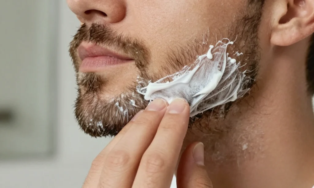 A close-up of a well-groomed beard with visible wax applied, showing a man's hands gently shaping the beard with fingers, demonstrating proper wax application technique — soft natural lighting, bathroom mirror in background slightly blurred, no text or labels on skin or beard, realistic skin texture, individual beard hairs distinct, wax appearing as a light, non-greasy hold