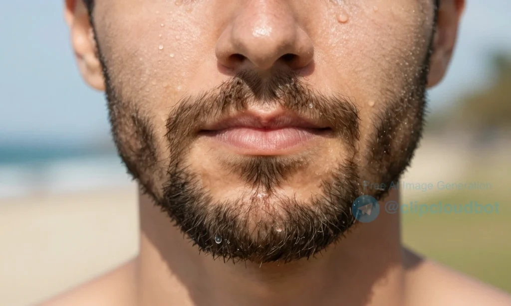A close-up of a well-groomed beard on a man's face in hot weather, showing clean, moisturized facial hair with subtle shine, droplets of sweat gently beading on the skin around the beard but not in the hair, natural daylight, soft focus background of a summer outdoor setting, no text, no logos, no symbols, no written words