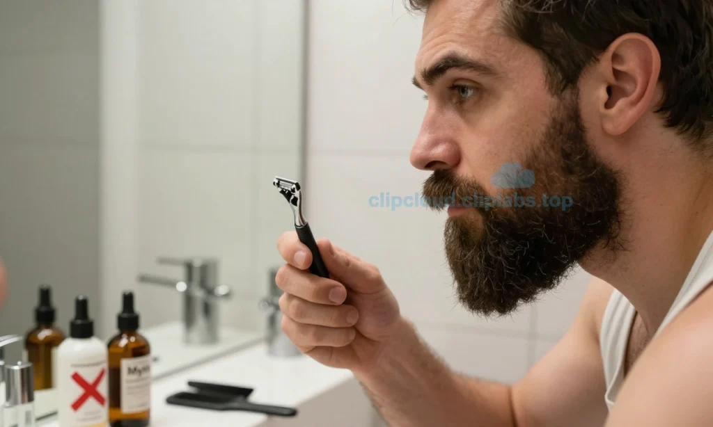 A close-up portrait of a man with a full, well-groomed beard, standing in front of a mirror holding a razor, with a thoughtful expression. On the counter beside him are common beard care items: beard oil, comb, and a bottle labeled 'Myth' with a red X over it. The lighting is soft and natural, highlighting the texture of the beard and skin. The background is a clean, modern bathroom with subtle details suggesting grooming routine.