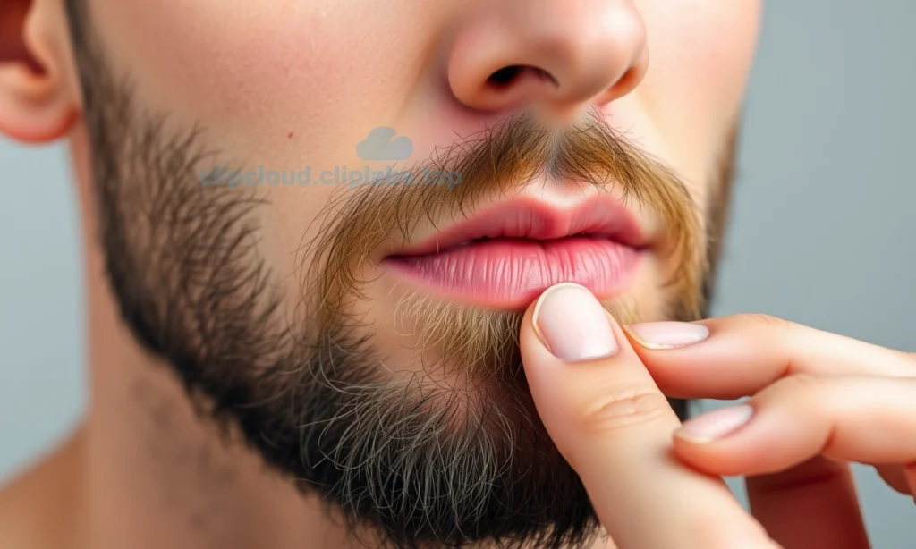 A close-up of a well-groomed short beard on a man's face, showing healthy skin underneath with no redness or irritation, soft natural lighting highlighting the texture of the beard and smooth skin, subtle details of beard oil or balm being gently applied with fingertips, neutral background, realistic skin and hair texture, no visible itching or scratching