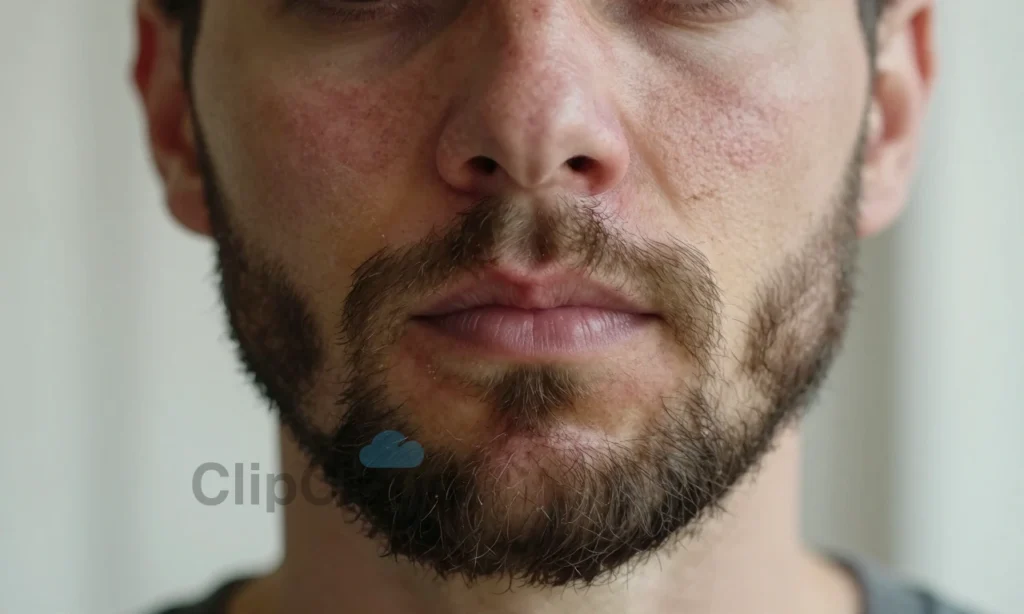 A close-up portrait of a man with a full beard, showing dry, flaky skin on his cheeks and jawline beneath the beard, with visible irritation and tightness; soft natural lighting from a window, neutral background, no text, no logos, no products, no hands or tools in frame, realistic skin texture, high detail, HQ-1280-720-h style