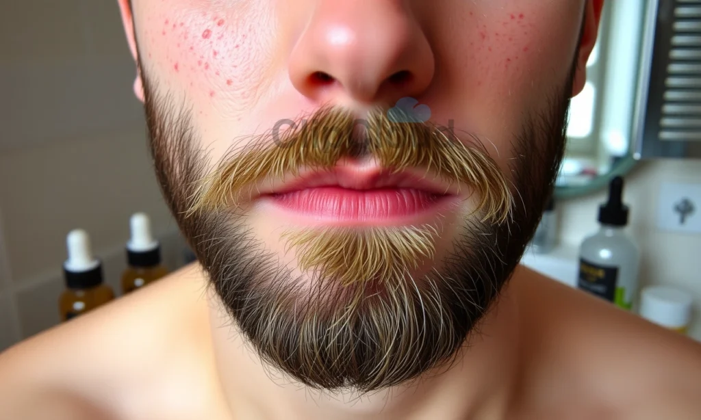 A close-up of a man's face with a short beard, showing red pimples and irritation on the skin beneath the beard, with visible grooming products like beard oil, balm, and a comb nearby on a bathroom counter, soft natural lighting, realistic skin texture, no text or symbols