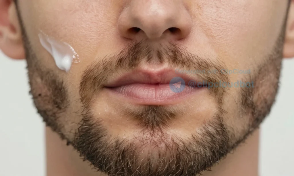 A close-up of a man's face with a full beard, showing the skin underneath the beard being protected from wind and cold, with visible moisturizer or balm applied to the skin beneath the facial hair, soft natural lighting, realistic skin texture, no visible irritation, focus on the beard-skin interface