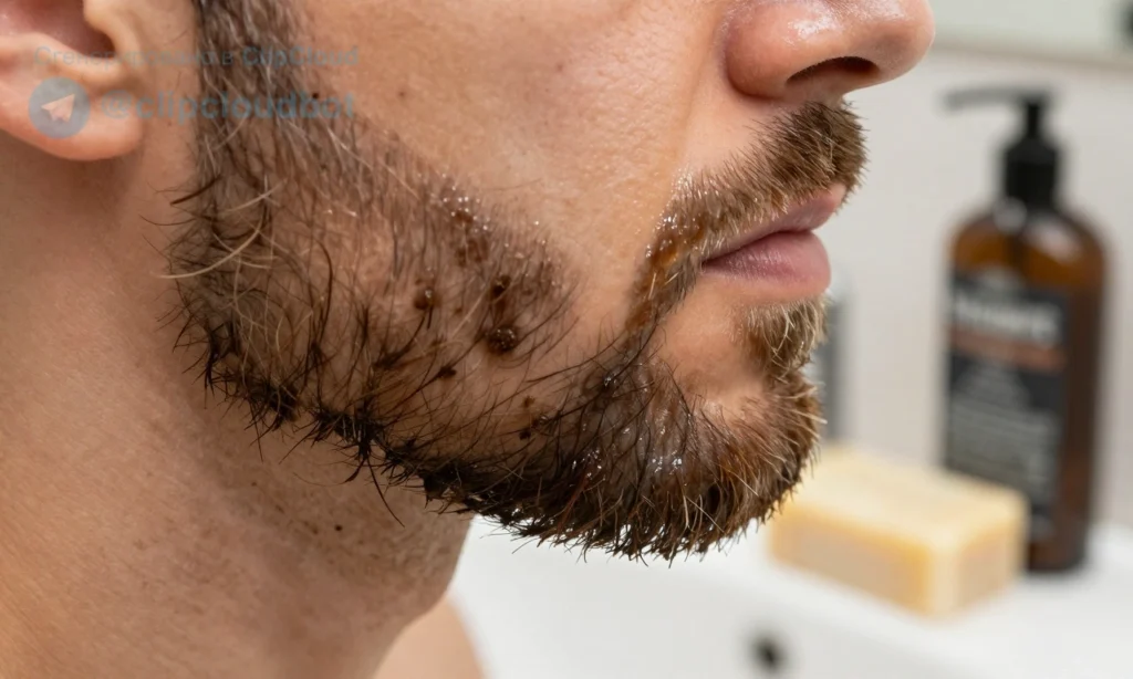 A close-up of a man's beard with visible dirt and oil residue despite recent washing, showing strands clumped together and a slightly greasy texture, with a bar of soap and shampoo bottle nearby on a bathroom sink, soft natural lighting, realistic skin and hair detail