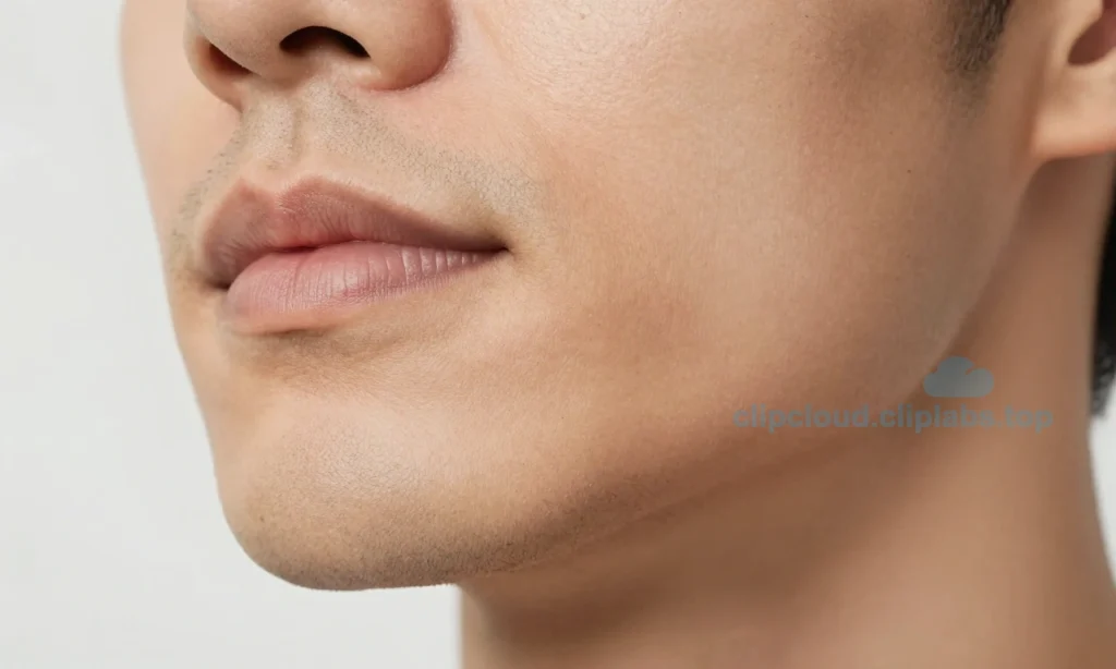 A close-up of a man's face showing a smooth, clean-shaven jawline with no facial hair, emphasizing the absence of a beard after shaving, soft natural lighting, realistic skin texture, subtle shadows to highlight skin smoothness, no visible stubble or regrowth