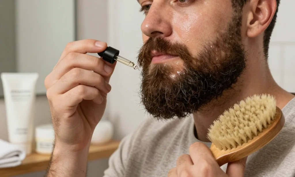 A close-up portrait of a man with a thick, well-groomed beard and oily facial skin, showing natural shine on the cheeks and forehead, with visible pores and slight sebum buildup, but the beard is dense, soft, and neatly trimmed. He is standing in a well-lit bathroom with a wooden vanity, holding a beard oil dropper in one hand and a boar bristle brush in the other. On the counter: a gentle cleanser, a lightweight non-comedogenic beard balm, and a clean towel. The lighting is soft and natural, hi
