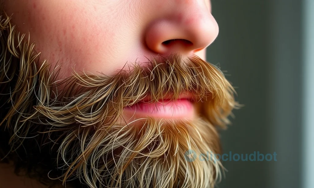 A close-up portrait of a man with a full beard, showing dry facial skin with visible flakiness and tightness around the beard area, soft natural lighting, realistic skin texture, no makeup, no visible irritation or redness, focus on skin condition under facial hair, neutral expression, shallow depth of field