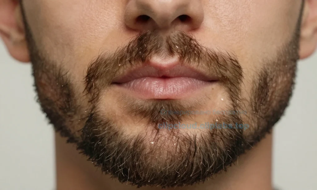 A close-up of a well-groomed beard and mustache with visible signs of freshness and cleanliness, showing subtle droplets of water or light oil glistening on the hairs, soft natural lighting highlighting texture, no visible dirt, sweat, or odor indicators, neutral background, focus on healthy facial hair care