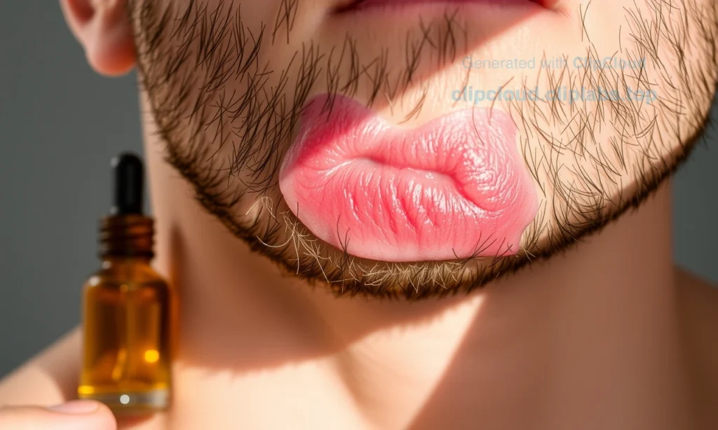 A close-up of a man's face showing mild skin redness on the jawline and chin after using beard oil, with a small bottle of beard oil nearby on a wooden surface, soft natural lighting, realistic skin texture, no text or symbols visible
