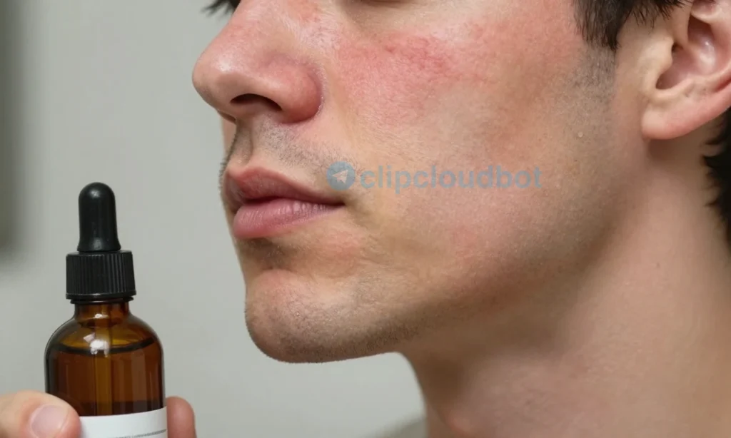 A close-up of a man's face showing mild skin redness on the cheeks and jawline after using beard oil, with a small bottle of beard oil nearby on a bathroom counter, soft natural lighting, realistic skin texture, no visible text or labels