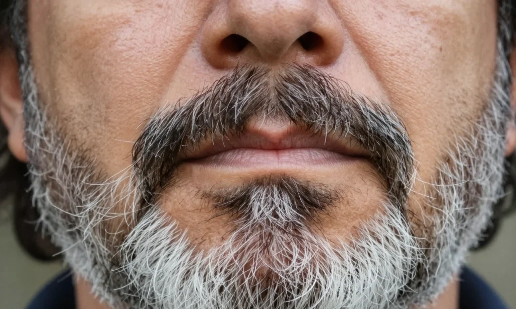 A close-up of a man's face showing early graying in the beard while the hair on his head remains darker, with natural lighting highlighting the contrast between gray and pigmented facial hair, subtle skin texture visible, no text or symbols present