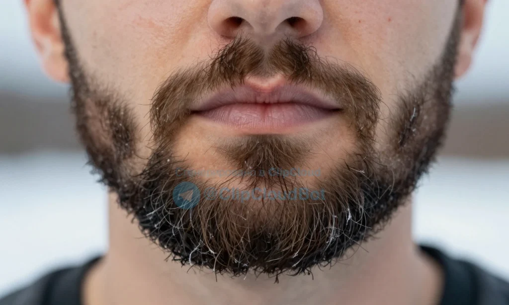 A close-up of a well-groomed beard in winter, showing healthy, moisturized facial hair with subtle frost on the tips, soft natural lighting, skin underneath appearing hydrated and irritation-free, warm tones contrasting with cool background, no text, no letters, no digits, no products visible