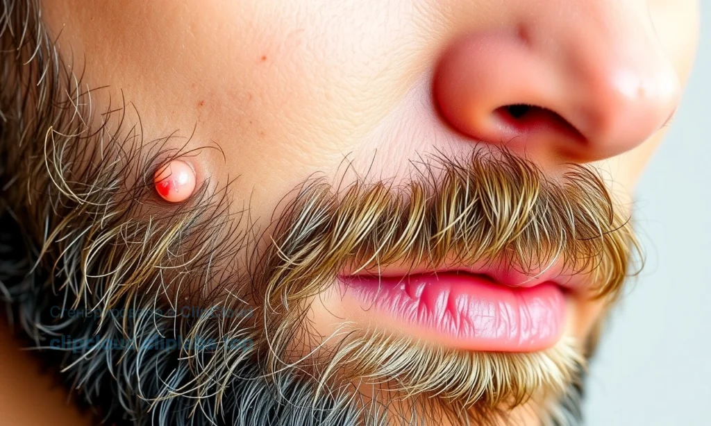 A close-up of a man's face with a well-groomed beard, showing slightly irritated, dry skin underneath the beard with subtle redness and flaking, soft natural lighting, realistic skin texture, no visible text or symbols, focus on the skin-beard interface