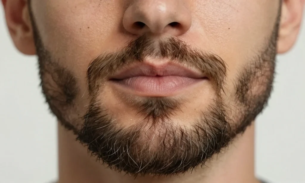A close-up of a well-groomed beard and mustache on a man's face, showing clean, healthy facial hair with subtle natural oils, soft lighting highlighting texture, no visible dirt or residue, neutral background, focus on hygiene and care
