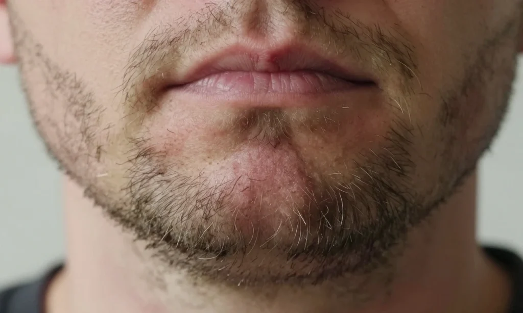 A close-up of a man's face with a coarse, stiff beard that appears rough and prickly, showing individual stiff hairs sticking out, with visible skin irritation or redness around the jawline, soft natural lighting, realistic skin texture, no salon tools or products visible, focus on the beard's texture and discomfort