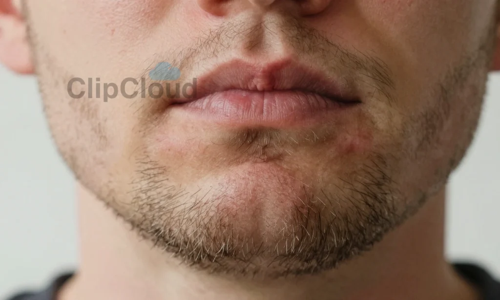 A close-up of a man's face showing a coarse, prickly beard with visible irritation on the skin underneath, soft natural lighting, realistic skin texture, individual stiff beard hairs sticking out, subtle redness around the jawline, no text, no logos, no symbols, no salon tools or products visible