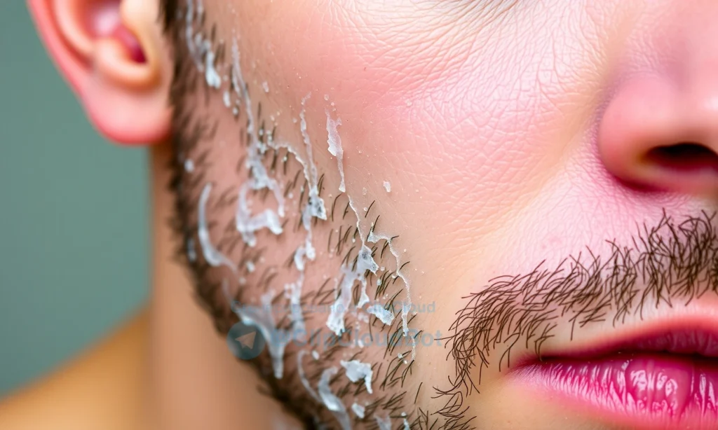 A close-up of a man's face showing a sparse, patchy beard after shaving, with visible skin and uneven hair growth, realistic lighting, detailed skin texture, no facial expression emphasis, natural skin tones