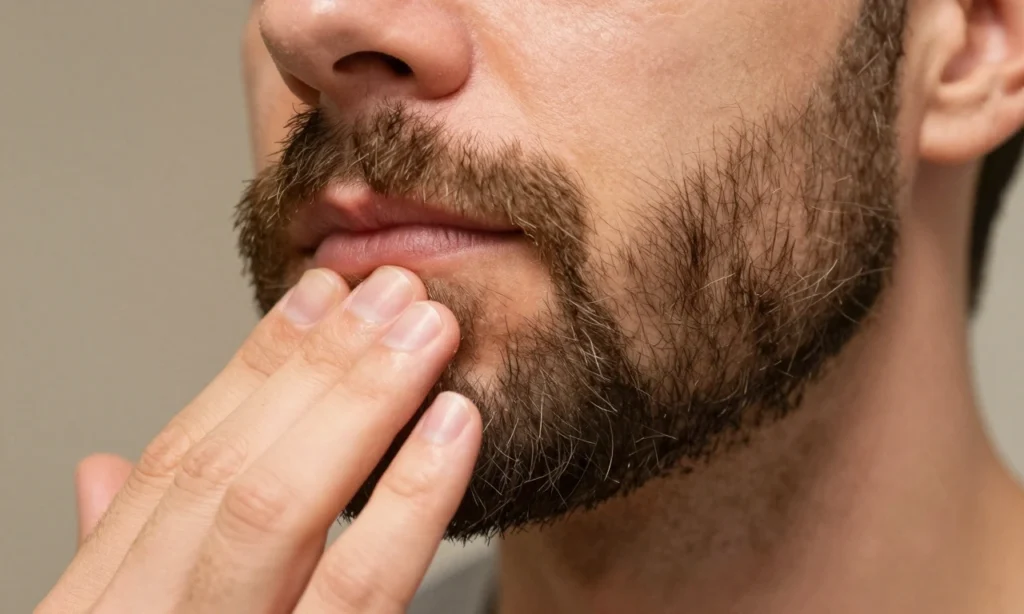 A close-up of a man's face with a thick, coarse beard that appears rough and prickly, showing individual stiff hairs sticking out, with a gentle hand applying natural beard oil or balm to soften it, warm bathroom lighting, realistic skin texture, no salon tools or professional equipment visible
