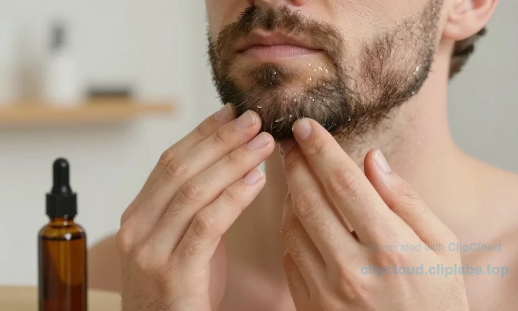 A close-up of a man's hands applying beard oil to a well-groomed beard, with droplets of oil glistening on the facial hair, soft natural lighting, a small glass bottle of beard oil with a dropper nearby on a wooden surface, subtle background of a bathroom shelf with minimal grooming tools, focus on texture and absorption of oil into the beard, no text, no labels, no words, no digits