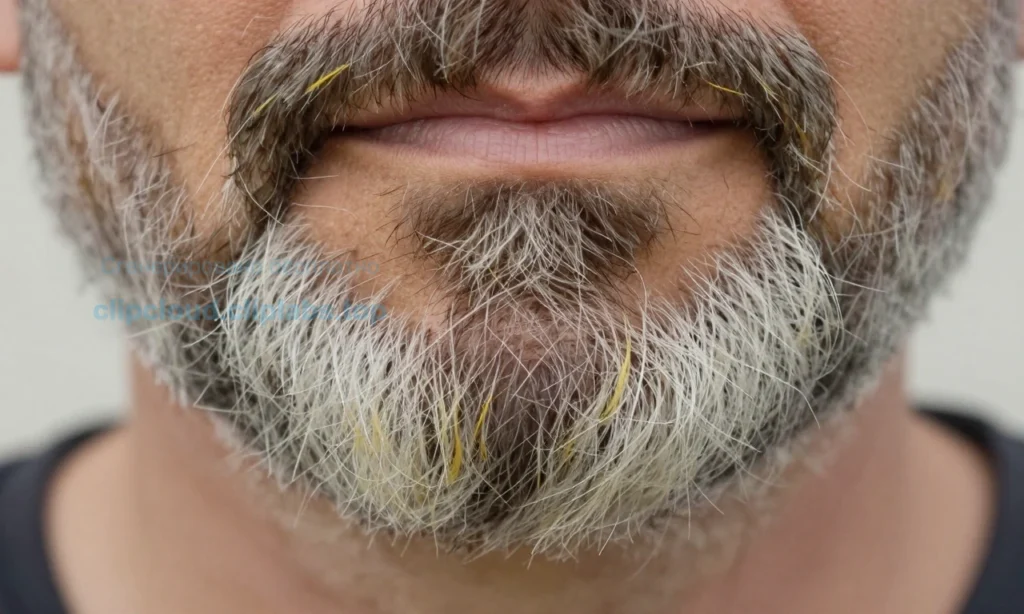 A close-up of a man's gray beard with subtle yellowish discoloration on the hairs, soft natural lighting, focus on texture and tone, no dyes or products visible, realistic skin and hair detail, neutral background