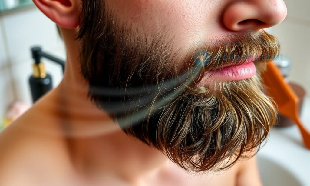 A close-up of a well-groomed beard and mustache with subtle steam or faint odor lines rising from the hair, suggesting natural scent; background is soft and blurred bathroom sink with a bottle of beard oil and a comb nearby, warm natural lighting, realistic skin and hair texture, no text, no symbols, no labels