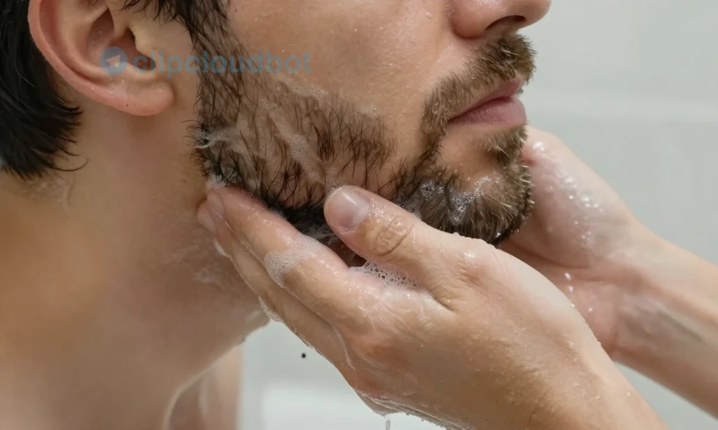 A close-up of a man's beard being gently washed with warm water and natural soap in a modern bathroom sink, showing foam rinsing away beard wax residue, clean facial hair glistening, soft natural lighting, no visible wax flakes or greasy buildup, realistic skin and hair texture