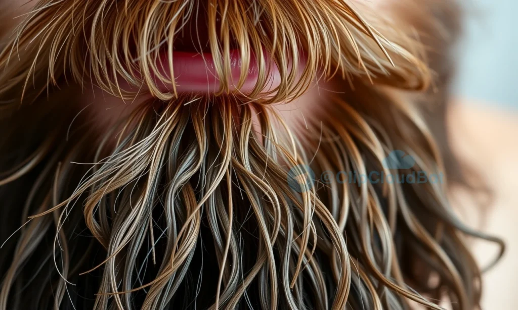 A close-up of a well-groomed beard with oily roots and dry ends, showing visible contrast between the greasy base near the skin and the brittle, frizzy tips. The beard is clean, natural, and healthy-looking overall, with soft lighting highlighting texture and moisture variation. No text, no letters, no digits, no products, no labels, no faces — only the beard and subtle skin background.