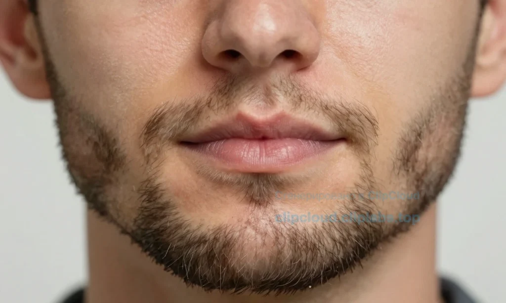 A close-up of a man's face with a well-groomed beard, showing healthy, moisturized skin underneath without redness or flaking, soft natural lighting, subtle skin texture visible, no visible irritation, beard hairs neatly trimmed and clean, focus on the skin beneath the beard at jawline and chin area, realistic dermatological detail, peaceful expression