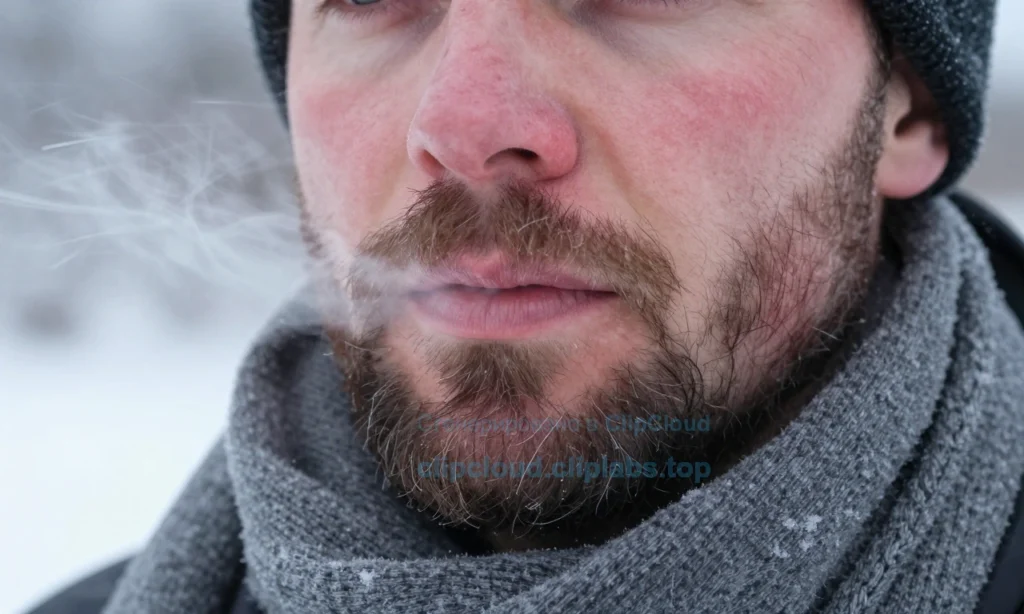 A close-up of a man's face with a full beard, showing mild skin irritation (redness, dryness) under the beard caused by wind and cold winter weather. The background is a blurred snowy landscape with icy wind streaks. The man is wearing a thick wool scarf partially covering his lower face, and his breath is visible in the cold air. Focus on the skin texture beneath the beard hairs, highlighting flakiness and sensitivity. No text, logos, or digital overlays.