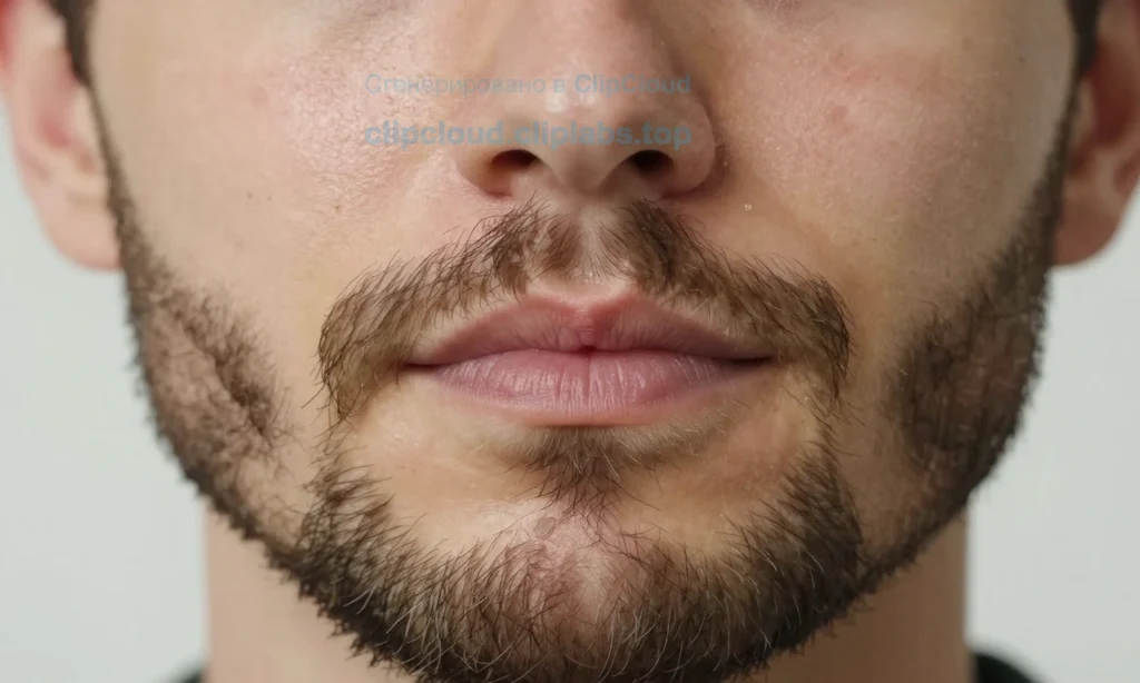 A close-up of a man's face with a well-groomed beard, showing healthy skin underneath without redness or flaking, soft natural lighting, subtle moisture on the skin, no visible irritation, realistic skin texture, beard hairs neatly trimmed, focus on the skin-beard interface, calm and soothing atmosphere
