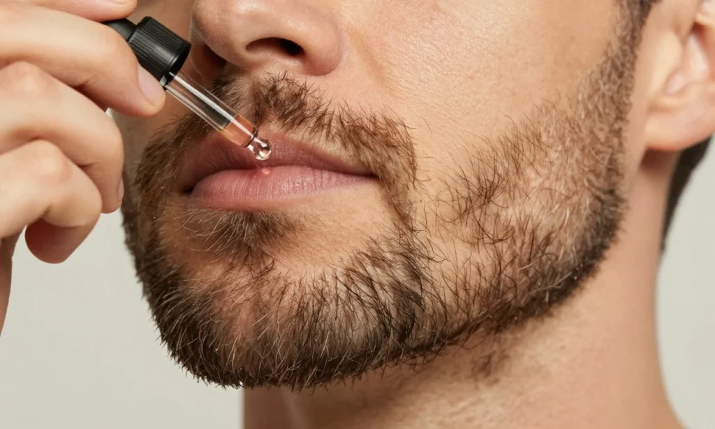 A close-up of a well-groomed man's beard with a few drops of beard oil being applied using a dropper, soft natural lighting, healthy facial hair texture, subtle skin visible underneath, no text or labels, realistic skin and hair detail