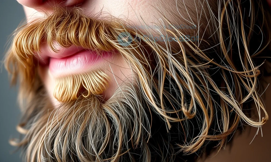 A close-up of a man's face showing a beard that is oily and shiny at the roots near the skin, transitioning to dry, brittle, and frizzy ends, with visible contrast between greasy follicles and split, dull tips; soft natural lighting, high detail on hair texture, no text or symbols
