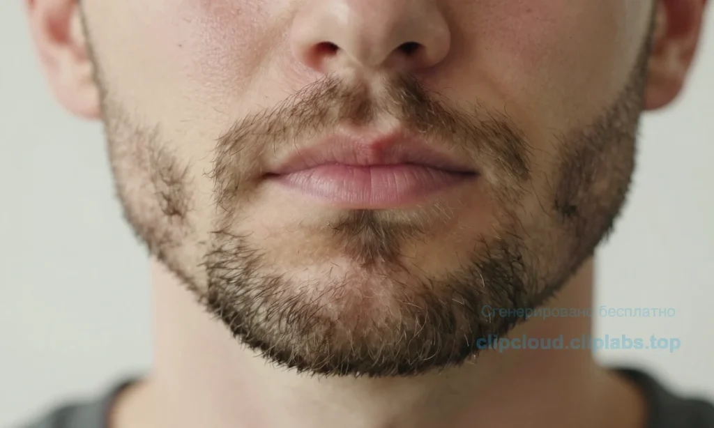 A close-up of a well-groomed short beard on a man's face, showing healthy skin underneath, with subtle natural lighting highlighting the texture of the facial hair. The beard is neatly trimmed, even in length, and appears soft and moisturized. No visible irritation, redness, or flakes. The background is softly blurred to emphasize the beard and skin condition.
