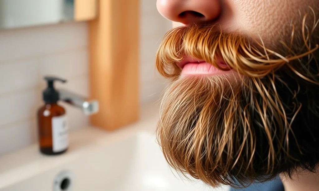 A close-up of a well-groomed, healthy beard with natural shine and soft texture, showing individual hairs in detail under warm, natural lighting. The beard is full, evenly trimmed, and appears nourished — no split ends, brittleness, or dullness. Subtle background of a bathroom sink with natural wood accents and a small bottle of beard oil nearby, out of focus. No text, no letters, no digits, no signs, no watermarks.