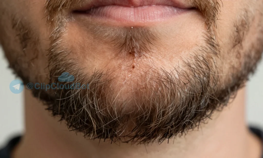 A close-up of a person's beard showing oily roots and dry ends, with visible contrast between greasy skin near the face and brittle, flaky hair tips, soft natural lighting, high detail, realistic texture, no text or symbols
