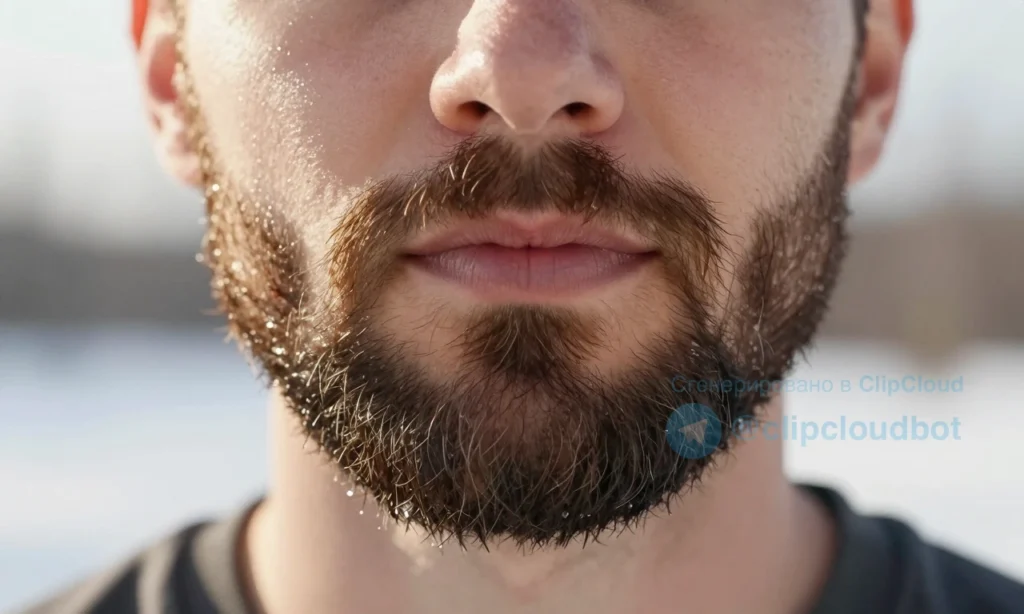 A close-up of a well-groomed winter beard on a man's face, showing healthy, moisturized facial hair with soft texture and natural shine, set against a softly blurred snowy background with faint winter light. The beard appears full, hydrated, and free of dryness or breakage, with subtle droplets of beard oil visible on the strands. Warm, natural lighting highlights the beard's health and care. No text, no logos, no products, no people's full face — only the beard and lower face visible.