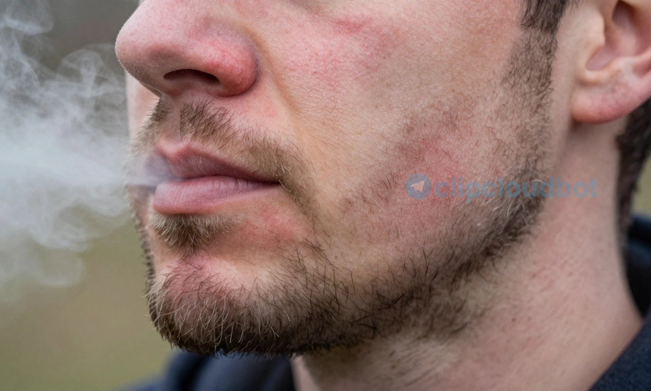 A close-up of a man's face with a beard, showing mild skin irritation under the beard due to wind and cold — redness, dry patches, and slight flaking on the jawline and neck, with visible breath vapor in cold air, soft winter lighting, natural skin texture, no makeup or artificial enhancements