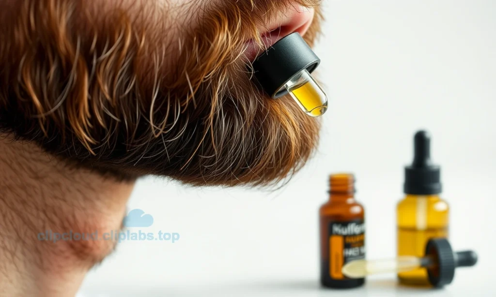A close-up of a well-groomed beard with a few drops of specialized beard oil being applied, showing natural facial hair texture, soft lighting highlighting the oil's absorption, and a small glass bottle of beard oil with a dropper nearby on a neutral background; no text, no letters, no digits, no additional objects