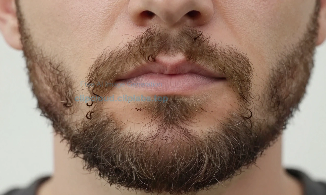 A close-up of a man's face with a fluffy, unruly beard sticking out in multiple directions, showing individual hairs curling and frizzing due to dryness or static, soft natural lighting, realistic skin texture, detailed facial hair, no background distractions